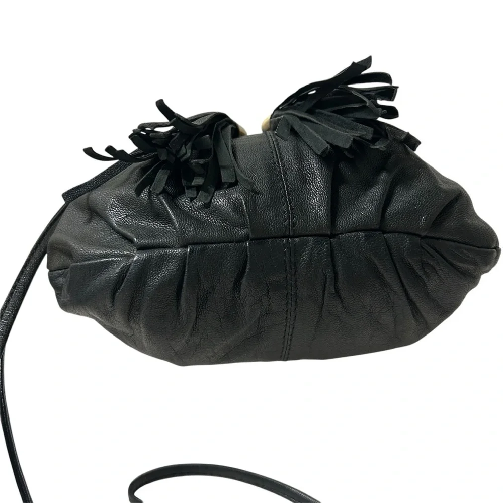 TopShop Real Leather Bucket Crossbody Bag with Tassels Grayish Black Color - Picture 4 of 8